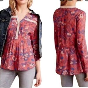 Maeve Anthropologie Abella Floral Butterfly Blouse Size 6 Roll Tab Long Sleeve